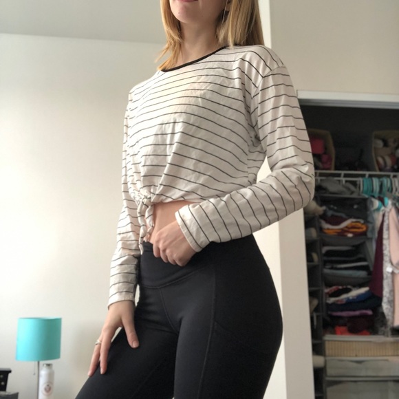 White Stripe Crop Tie Long Sleeve - Picture 2 of 2